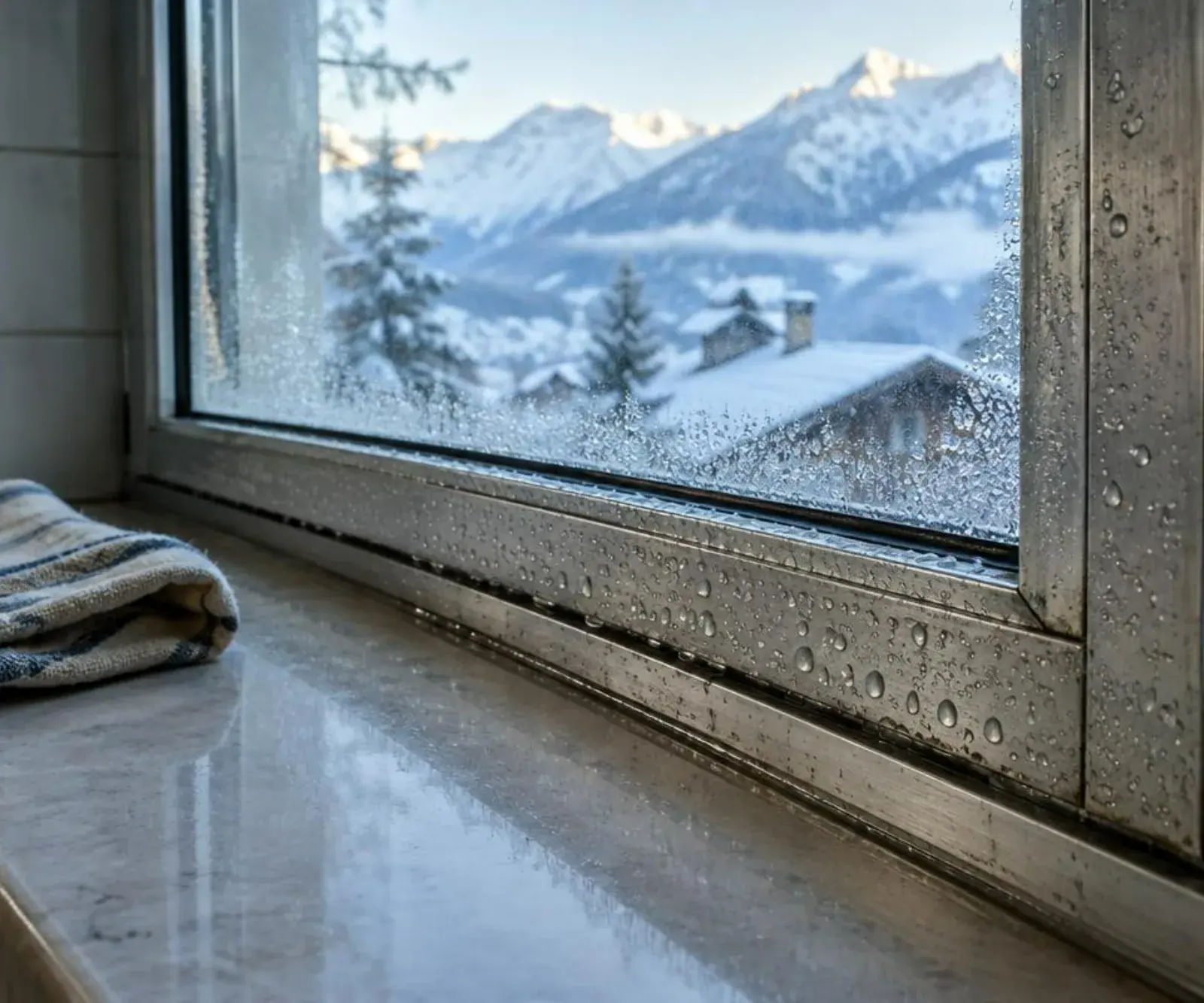 Gouttes de condensation sur le rail d’une fenêtre coulissante en aluminium
