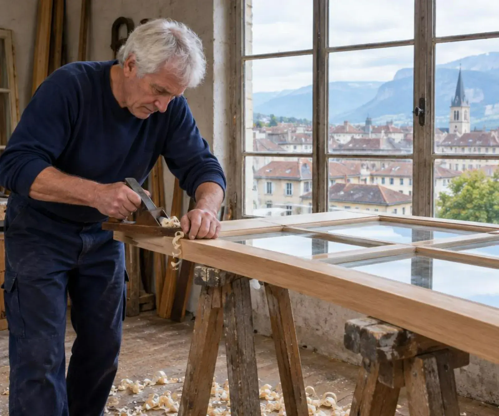 Rabotage du chant d’un ouvrant de fenêtre en bois gonflé