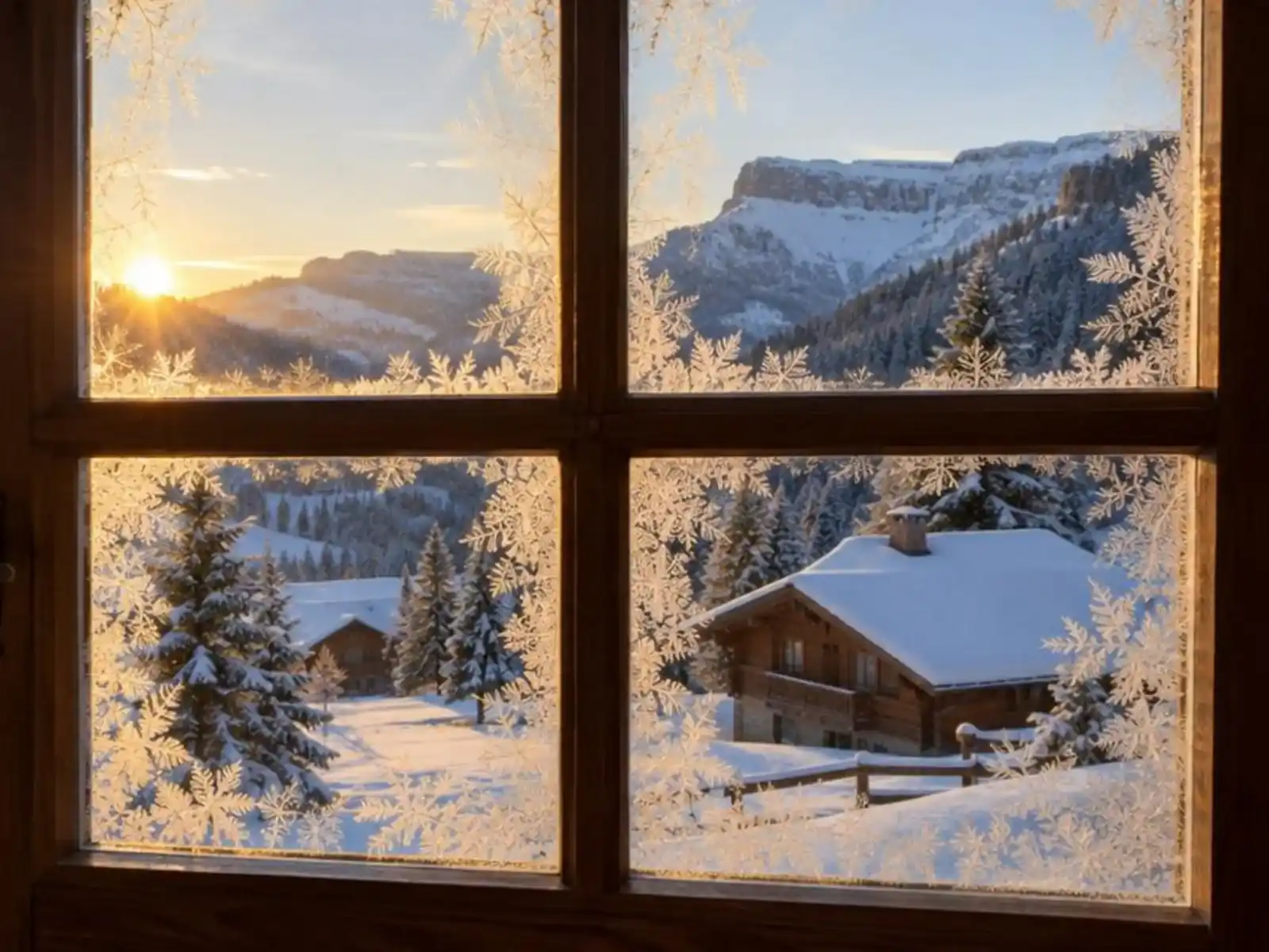 Fenêtre givrée au petit matin, chalets et sapins enneigés derrière