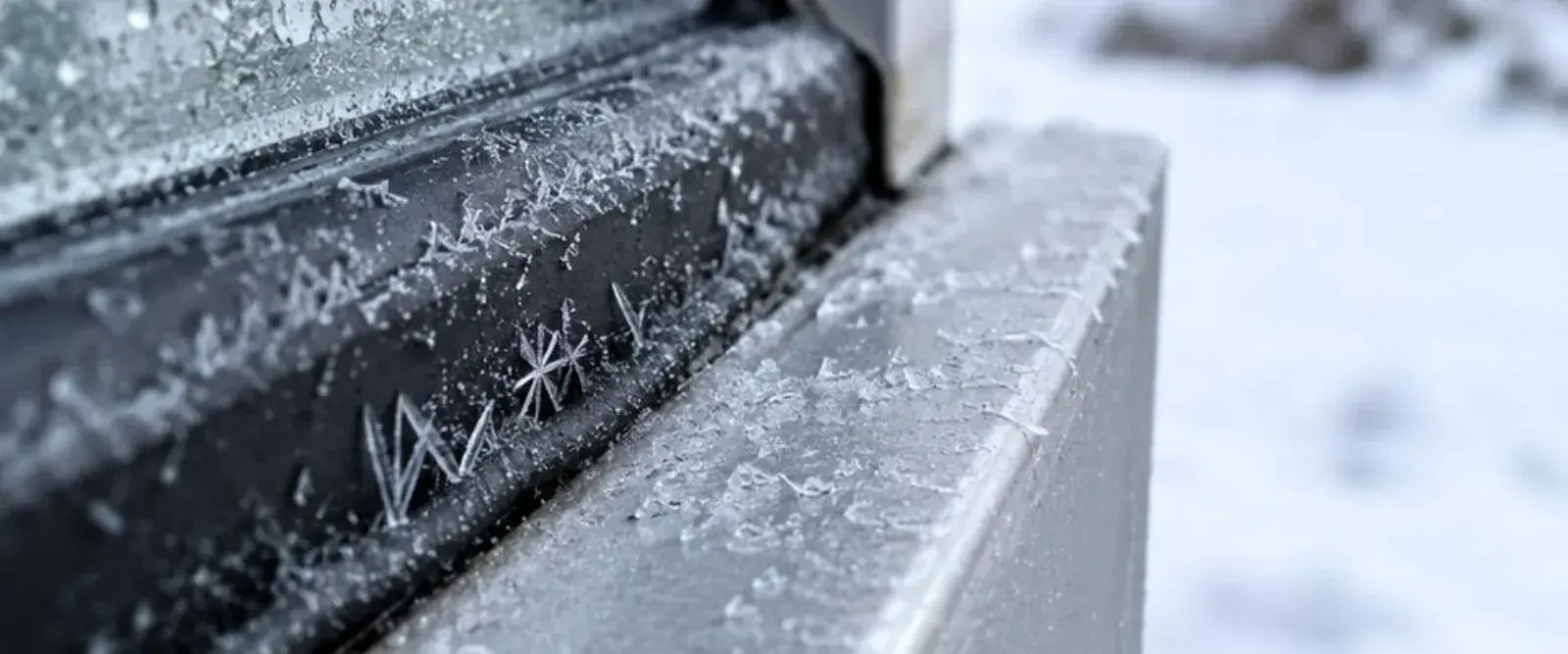 Joint de fenêtre pris dans une fine pellicule de glace