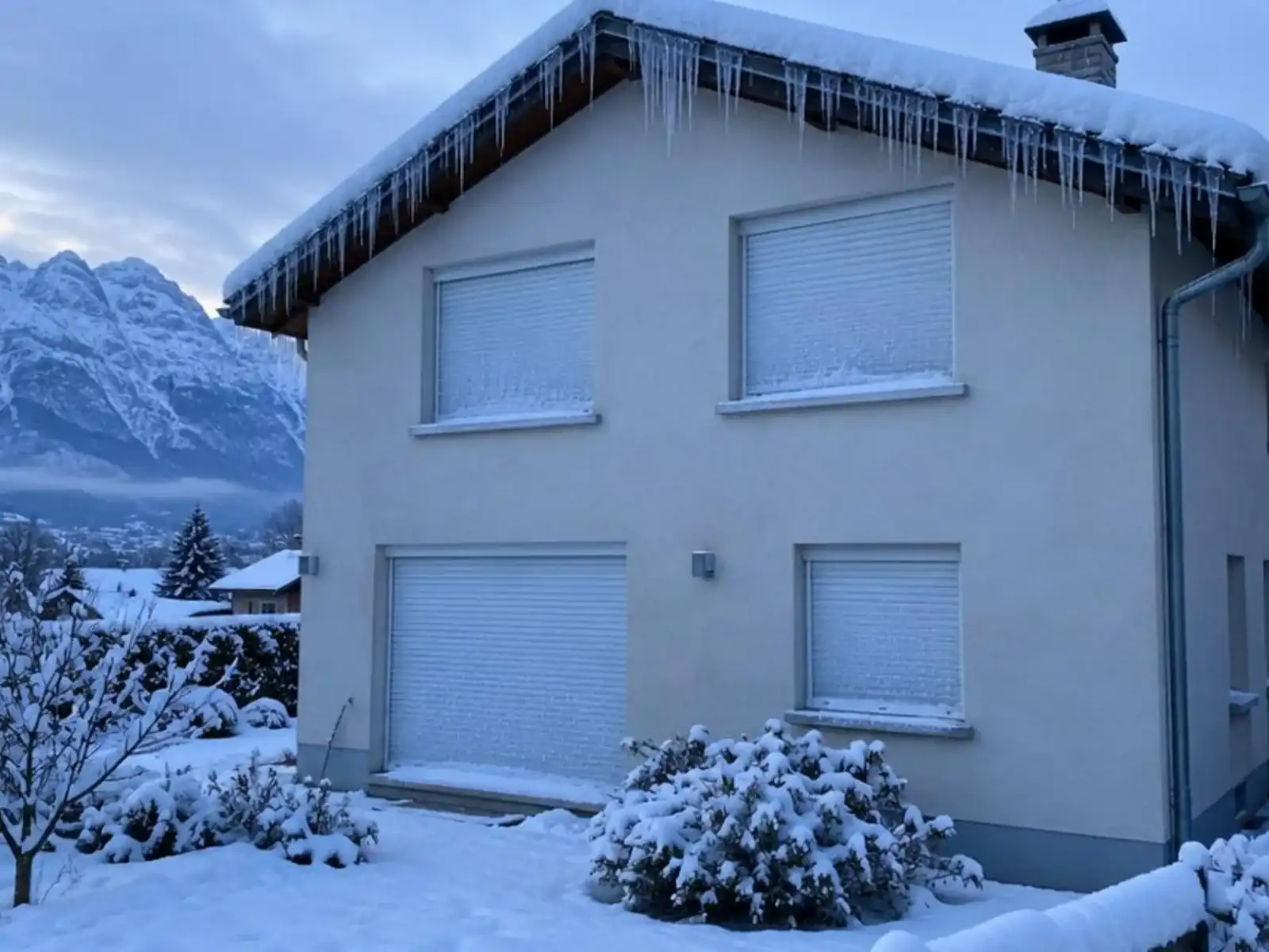 Volets roulants baissés et givrés sur une façade enneigée