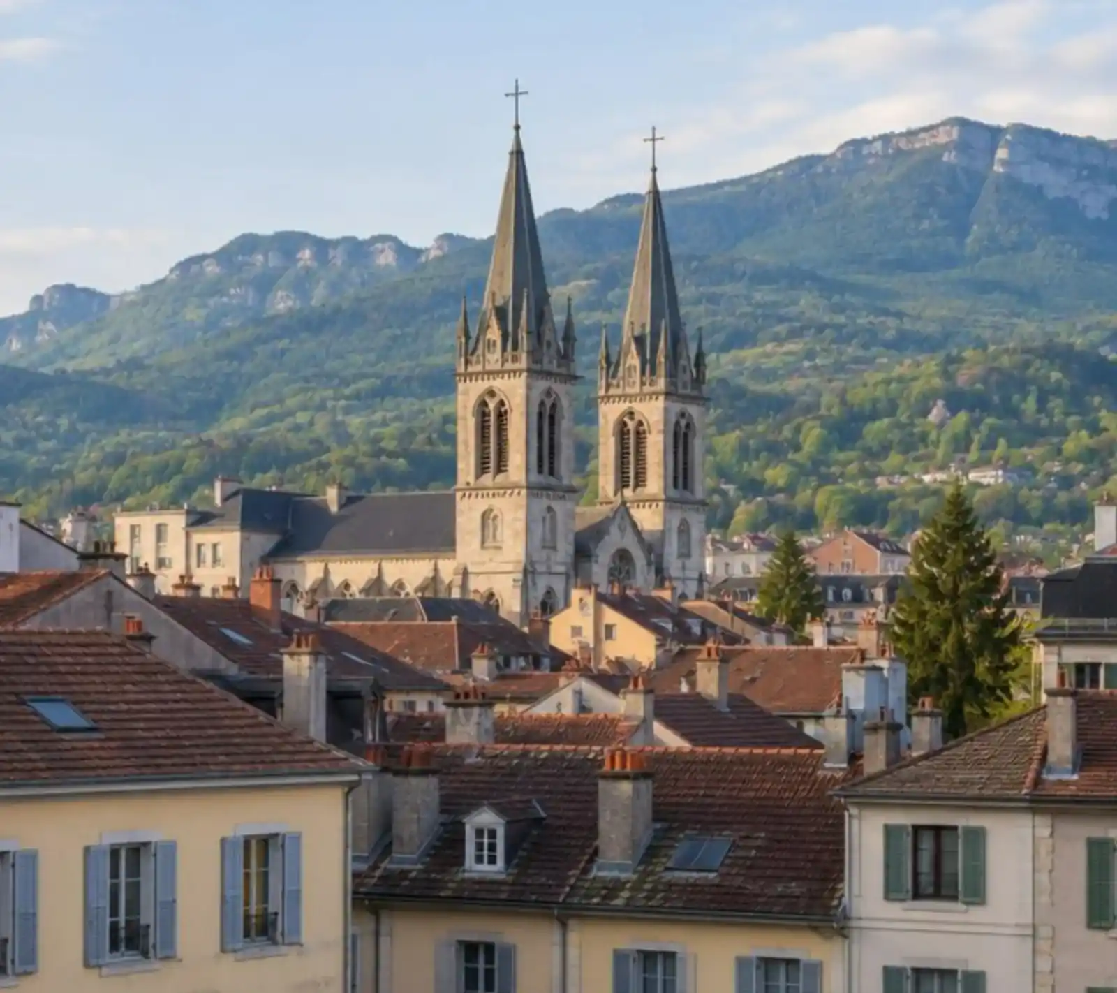 Toits de Voiron et clocher de l’église Saint-Bruno, Chartreuse au loin