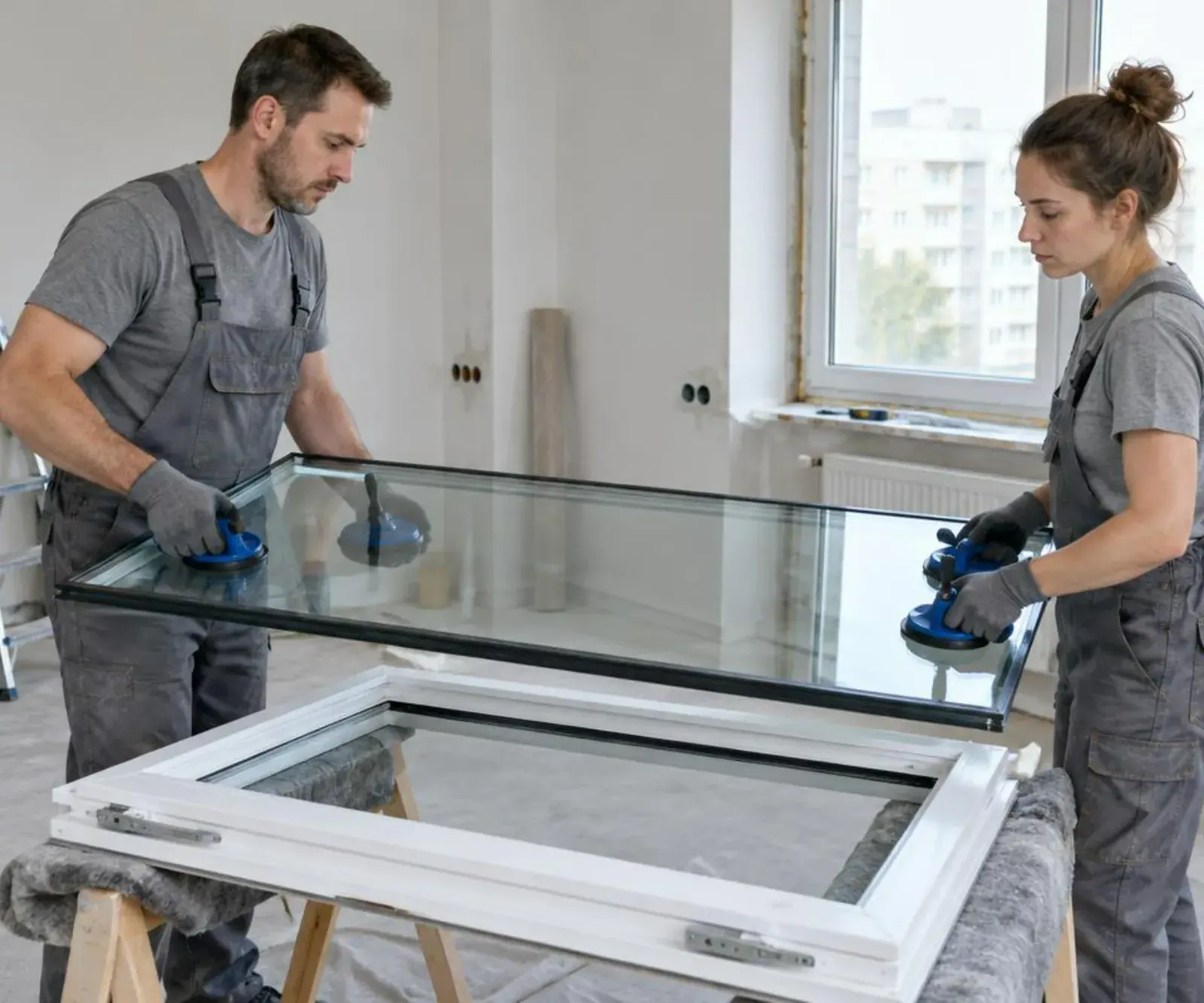 Deux techniciens posant un double vitrage neuf avec des ventouses